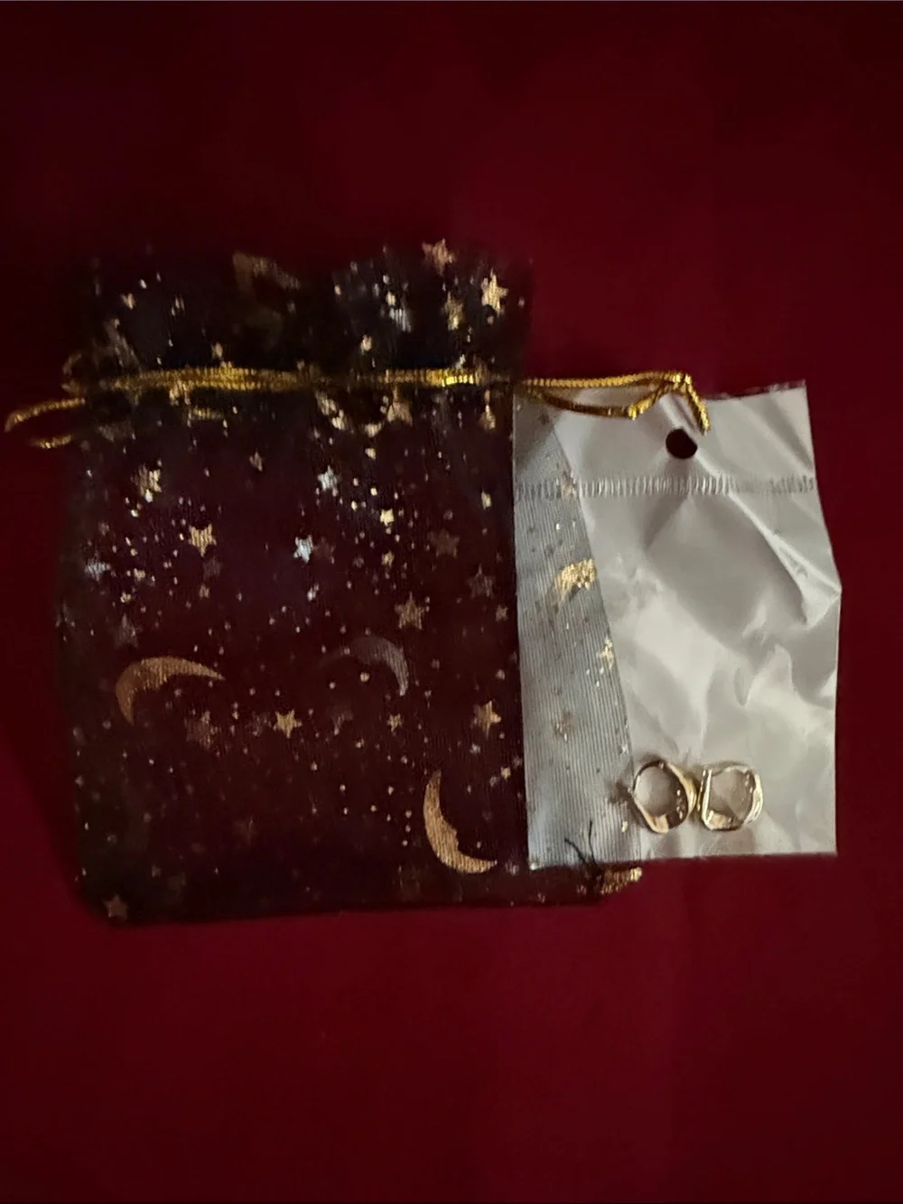 Gold Accent Star & Moon Drawstring Jewelry Pouch - Gold Tone Hoop Earrings